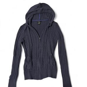 Vintage Y2K Faded Glory Navy blue zip up knit sweater with hoodie size medium